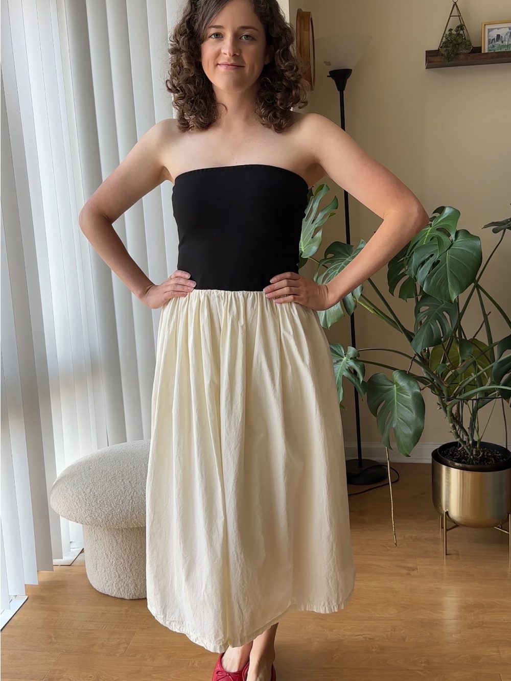 Paper Heart Classic Strapless Midi Dress, Black/Cream, Size Small